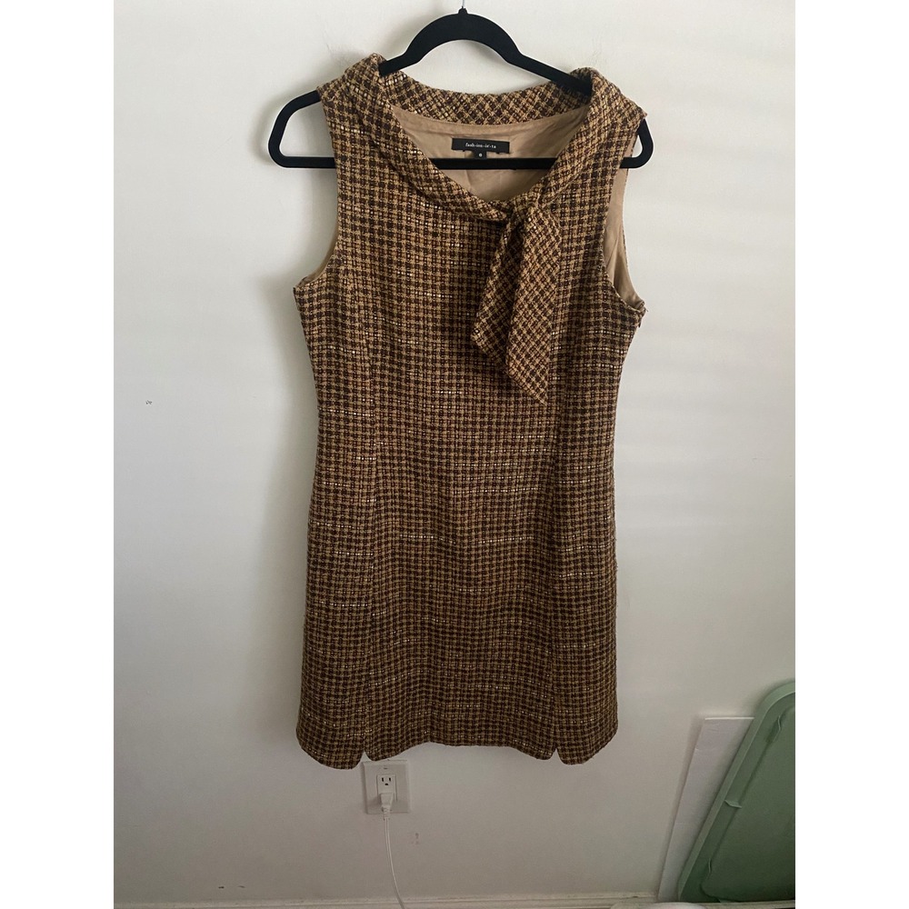 Fashionista Womens Brown Tweed‎ Sleeveless Shift Dress Cowl Neck Tie Size 8